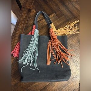 Monserat De Lucca Blue and Orange Tasseled Tote